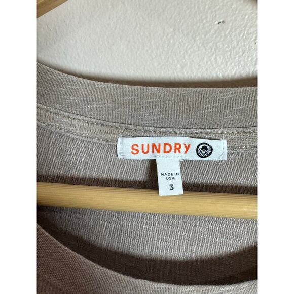 Sundry Short Tan Neutral T Shirt Dress Large jersey knit Stretch Ruching Crew - Picture 3 of 11